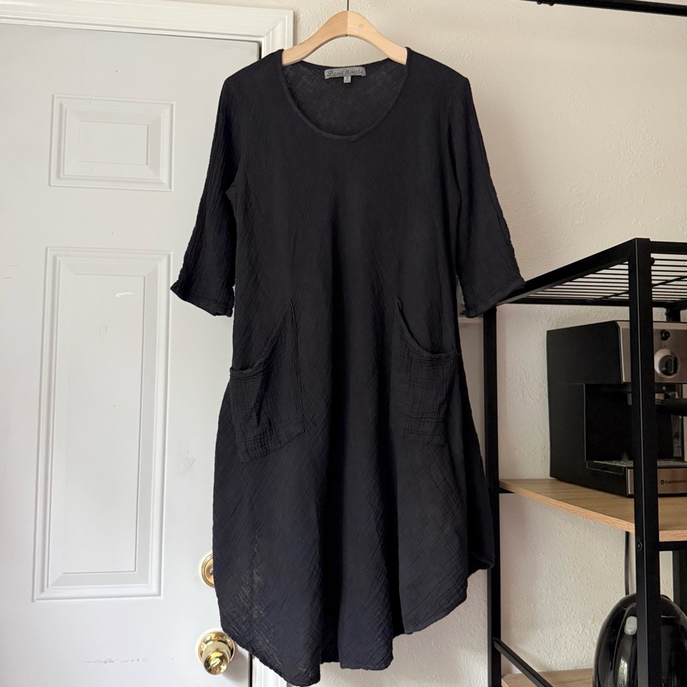 JP AND MATTIE black cotton‎ gauze scoop neck lagenlook 3/4 sleeve mini dress